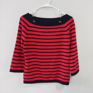 Carlisle sweater Medium red black stripes 3/4 sleeves button chain accent